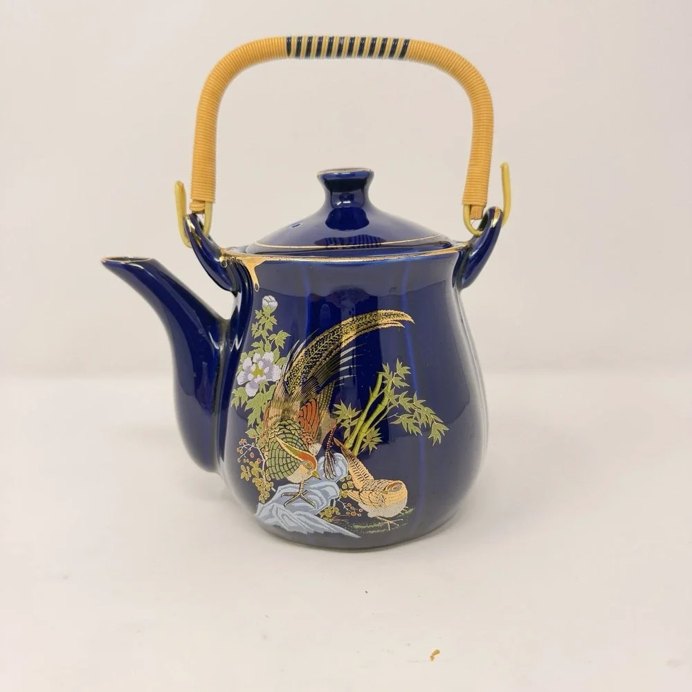 Vintage Japanese Cobalt Blue Gold Teapot Pheasant Bamboo Rattan Handle 7.5